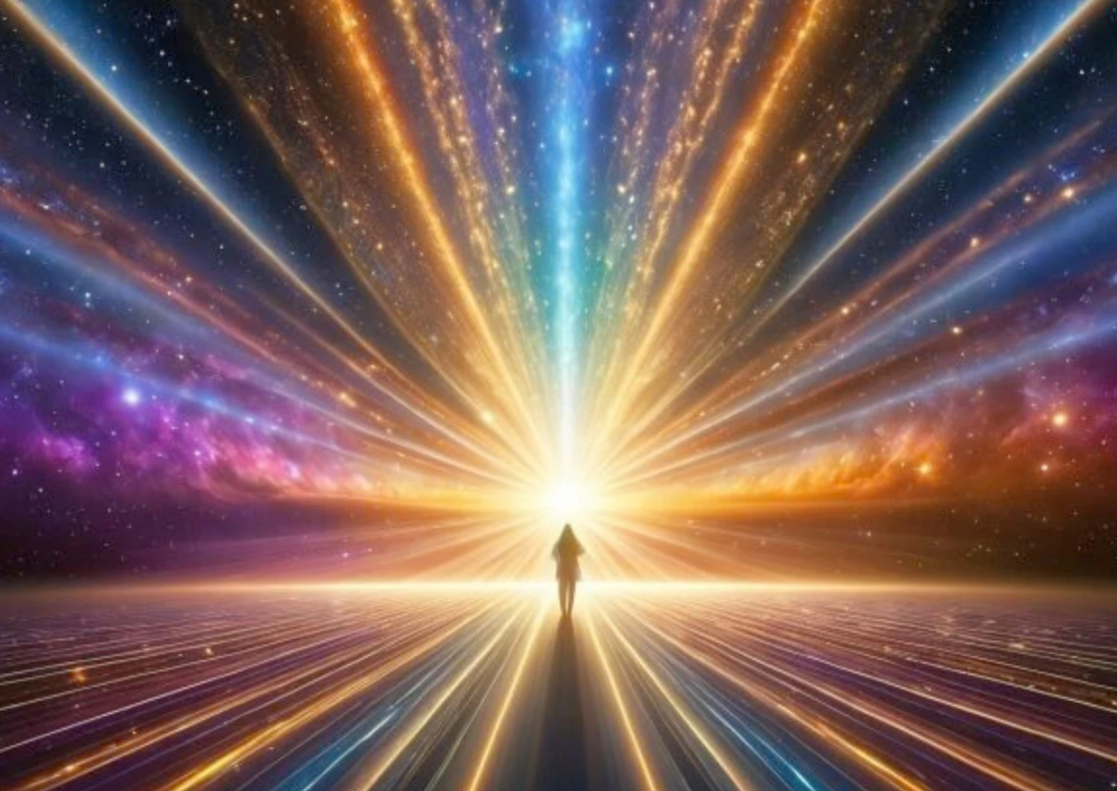 Silhouette avançant vers une lumière intense symbolisant l'accomplissement spirituel